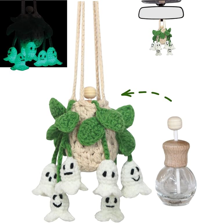 ROFIGL Handmade Crochet Hanging Car Air Freshener - Glow-in-the-Dark Lily of the Valley Plant with 12ml Refillable Essential Oil Diffuser Bottle, Halloween Car Accessories & Bedroom Nightlight Decor