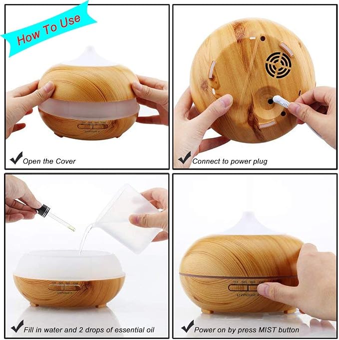 Aroma Essential Oil Diffuser, JoySusie 500ml Wood Grain Ultrasonic Cool Mist Whisper-Quiet Humidifier with Color LED Lights Changing & 4 Timer Settings, Waterless Auto Shut-Off for Spa Baby