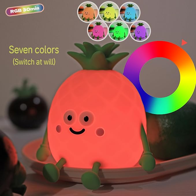 Led Cute Pineapple Night Light, 7 Colors Dimmable Bedside Lamp, Touch Control Night Lamp with Timer for Kids Adults, Used for Camping Party Room Decor (Pineapple)