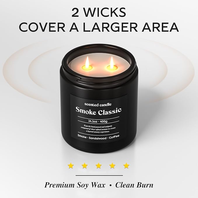 CHILLFLAME Candles for Men, 14.1 oz Scented Candles for Home, 2 Wicks Blended Scents Birthday Candles Gifts for Dad, Teacher, Boyfriend (Smoke+Sandalwood+Coffee)