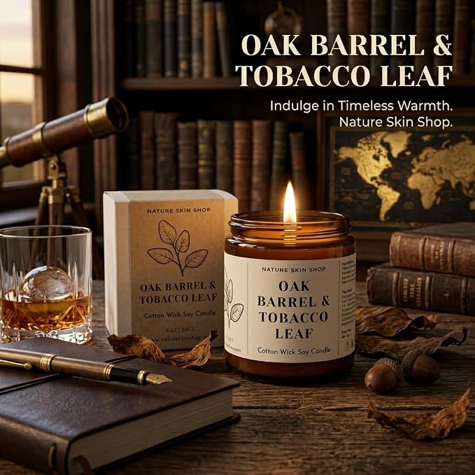 Nature Skin Shop Oak Barrel and Tobacco Leaf Artisan Soy Candle Warm Aromatherapy Home Fragrance Vegan Cotton Wick 8 oz