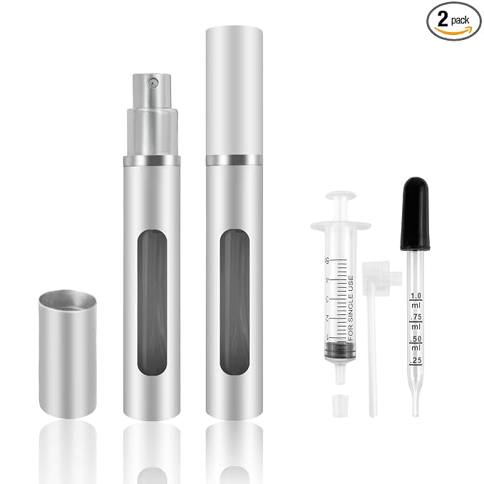 2 Pack Refillable Mini Perfume Atomizer Bottle，Portable Separate Bottles，Travel and Outings Spray Boxes Dispensers 5ml/0.2oz (Silvery)