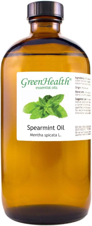 Spearmint Essential Oil – 16 fl oz (473 ml) – 100% Pure & Natural Mentha Spicata – Therapeutic Grade Bulk Essential Oil in Amber Glass Bottle with Dropper – GreenHealth