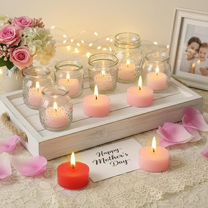 Rose Scented Tea Light Candles 12 Pack Gradient Red Hand Poured Smokeless 4 Hours Clean Burning Small Round Clear Cup Tealight Candles for Mother's Day Romantic Dinner Wedding Centerpiece Cozy Evening