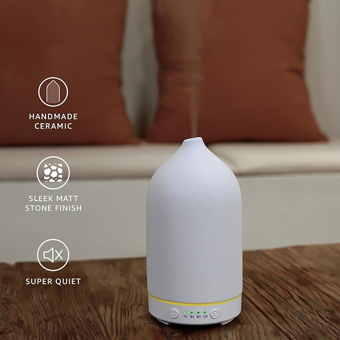 Gooamp 200ML Ceramic Essential Oil Diffuser - Ultrasonic Aromatherapy & Humidifier with 7-Color LED Lights, Auto Shut-Off, White, 1H/3H/6H Timer | Scent for Home,Office,Yoga