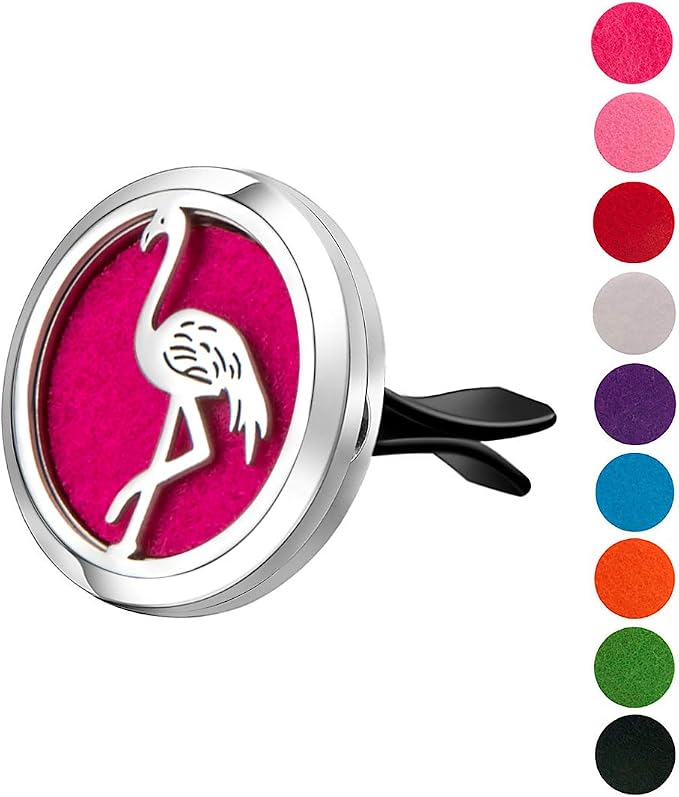Wild Essentials Flamingo Essential Oil Car Vent Diffuser, Stainless Steel Locket Pendant with 12 Color Refill Pads, Customizable Color Changing Air Freshener for Aromatherapy