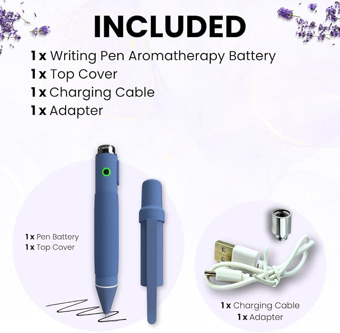 Aromatherapy Writing Pen Battery with Real Ink Tip and Hidden Diffuser Port, Soft Touch Ballpoint for Note Taking, Signature, and On-The-Go Relaxation, Rechargeable Wellness Gift for Office (Blue)
