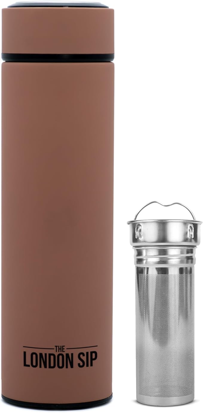 The London Sip 16.9 oz Multi-Purpose Tea Infuser Mug – Fruit Infuser Water Bottle for Hot and Cold – Double Wall Stainless Steel Insulated, Mocha Brown