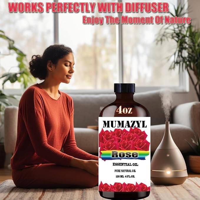 Rose Essential Oil, Rose Oil 4 Fl Oz 120ML for Diffuser Humidifier Yoga Cleaning DIY Candle Soap Making Valentine's Day Gift MUMAZYL Essential Oils