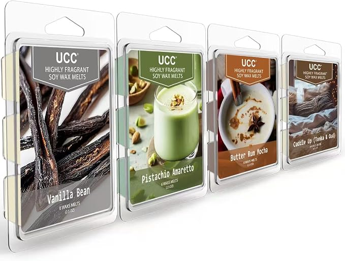 UCC Wax Melts, Soy Wax Cubes Strong Scent Long Lasting Premium Scented Mix Melts Tarts-Pistachio Amaretto, Butter Rum Mocha, Cuddle up (Tonka & Oud), Vanilla Bean - 4 Pack