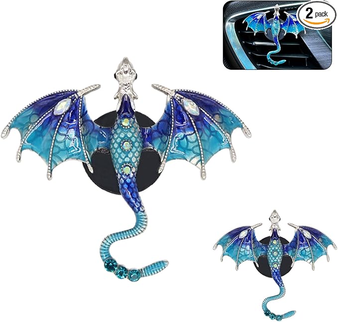 ORIESSE Bling Wyvern Car Air Freshener Vent Clips,2pcs Alloy Blue Enamel Dragon Vent Clips Car Accessories,Refillable Car Diffuser with Felt Mads,Coffee Fragrance Tablets
