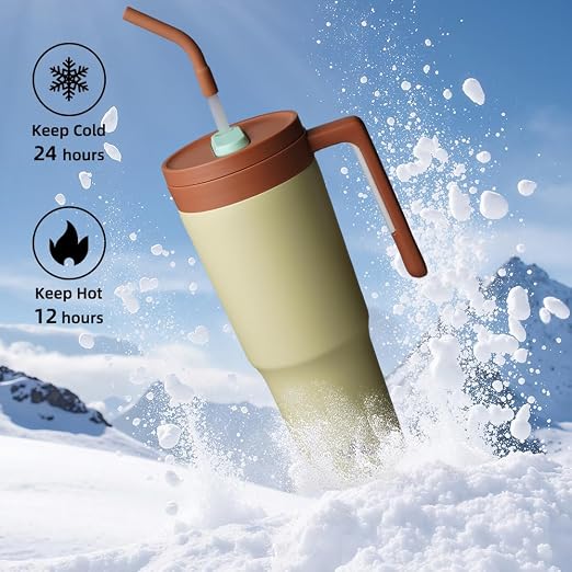 Konokyo Insulated Tumbler with Handle and Straw,40 OZ Vacuum Stainless Steel Water Bottle Travel Mug Metal Cup with Fruit Diffuser,Pistachio