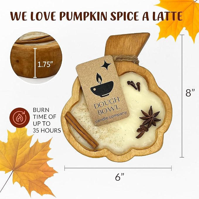 Dough Bowl Candle Co. Pumpkin Candle - 8" x 6" x 1.75" Pumpkin Spice Wooden Fall Candles with 35 Hour Burn Time, 3 Wick Fall Scented with 100% Soy Wax, Holiday Decorations, Autumn Room Decor