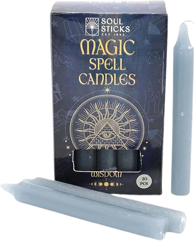 SOUL STICKS Wisdom Magic Spell Chime Taper Candles 20 Pack - Ideal for Altar, Rituals, Ceremonies, Meditation Grey Tapered Candle for Witchcraft Supplies, Wiccan Supplies, Candles Clearance