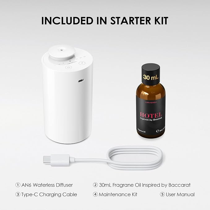 Airversa Waterless Essential Oil Diffuser Starter Kit with 30mL Hotel Fragrance Oil Inspired by BaCRT, Battery Operated Car Diffuser, Portable Aroma Nebulizer for Home Car Office, AN6Kit-C, White