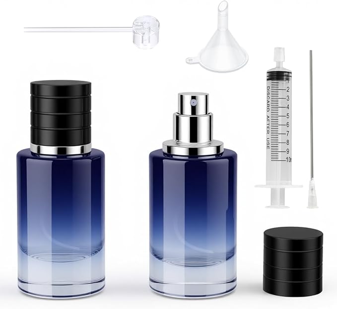Black Glass Perfume Bottle - Empty Refillable Cologne Sprayer with Fine Mist Atomizer, Portable Travel Spray Container with 3 Dispenser Tools
