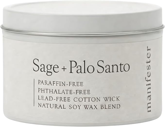Sage & Palo Santo Natural Soy Wax Candle – Phthalate, Paraben & Paraffin Free – Clean Burn Cotton Wick (No Lead or Zinc) – Long-Lasting Aromatherapy – Energy Cleansing Smudge – 6 oz Tin Candle