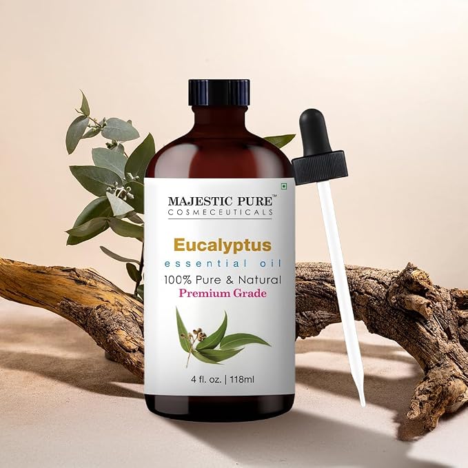 Majestic Pure Essential Oil with Glass Dropper - 100% Pure and Natural - Essential Oils for Diffuser, Aromatherapy, Soap and Candle Making, Eucalyptus Essential Oil, Eucalyptus Oil, 4 Fl Oz