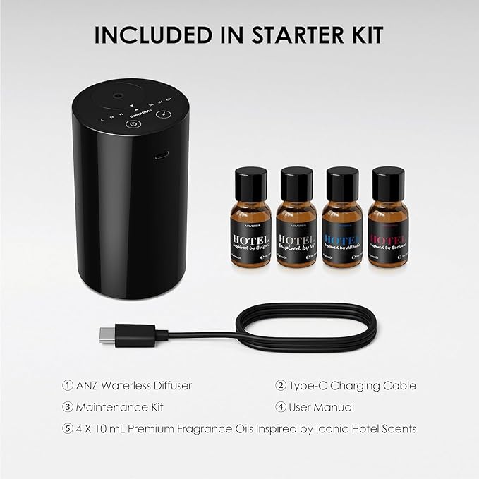 Waterless Essential Oil Diffuser Starter Kit, Battery Operated Mini Scent Air Machine Portable Diffuser for Home Car Office, ANZ Black Kit