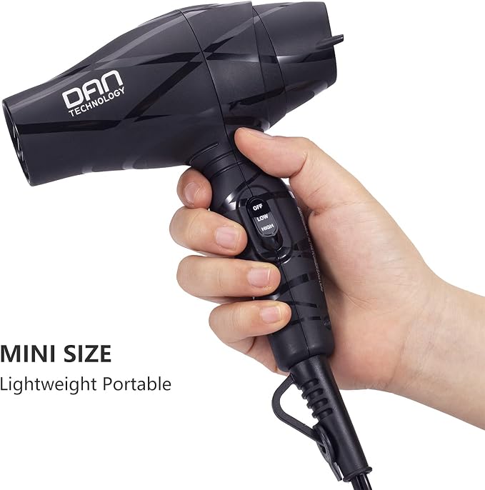 Dan Technology Lightweight Travel Hair Dryer,Portable Mini BlowDryer with Concentrator&Diffuser, with Nozzle Attachment Ceramic,