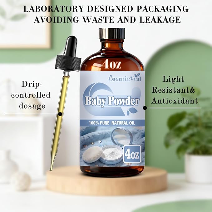 Baby Powder Fragrance Oil Essential Oil for Aroma Diffuser,Humidifier,Home Fragrance,Cleaning,Body Care,Massage,Yoga,DIY Candle,DIY Soap CosmicVeil（Baby Powder，4 Fl Oz (Pack of 1)）