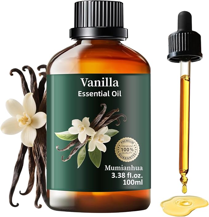 Vanilla Essential Oil, Pure Mumianhua Natural Vanilla Bean Oil for Diffuser, Warm Cozy Aroma, Skin Care, Perfume, Candle & Soap Making, DIY – 3.38 Fl Oz