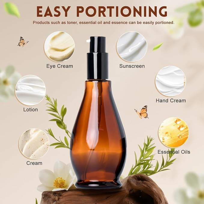 2 Pcs 100ml(3.4oz) Gourd Shaped Amber Glass Pump Bottles, Empty Refillable Dispenser with Black Pump Head, Essential Oil Emulsion Sample Vials,Travel Size Cosmetic Containers for Lotion Shampoo