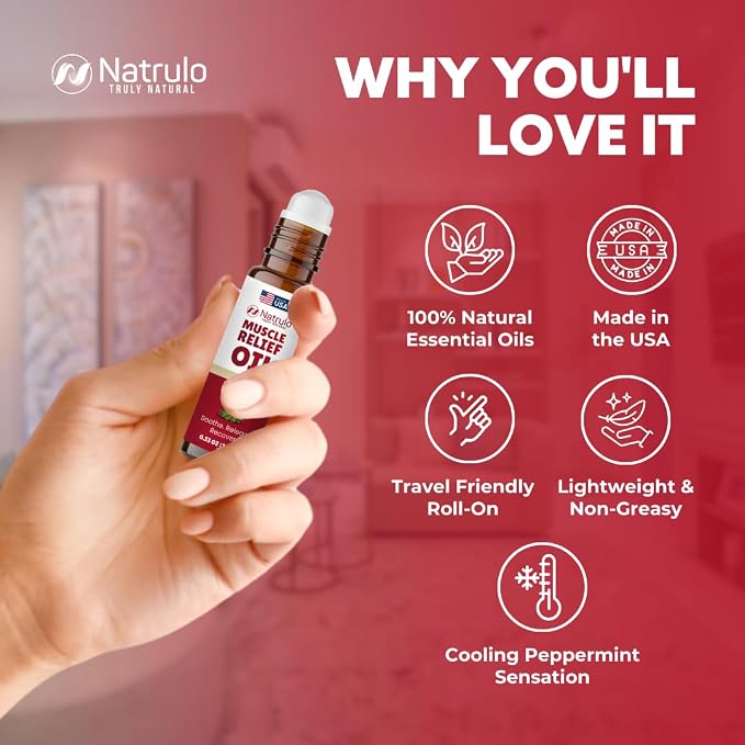 Muscle Relief Oil Roll-On – Cooling Essential Oil Roll On for Tired Joints, Muscles, Neck, Back, Shoulders & Feet – Peppermint, Lavender & Marjoram Massage Oil – Post Workout Muscle Rub – Made in USA
