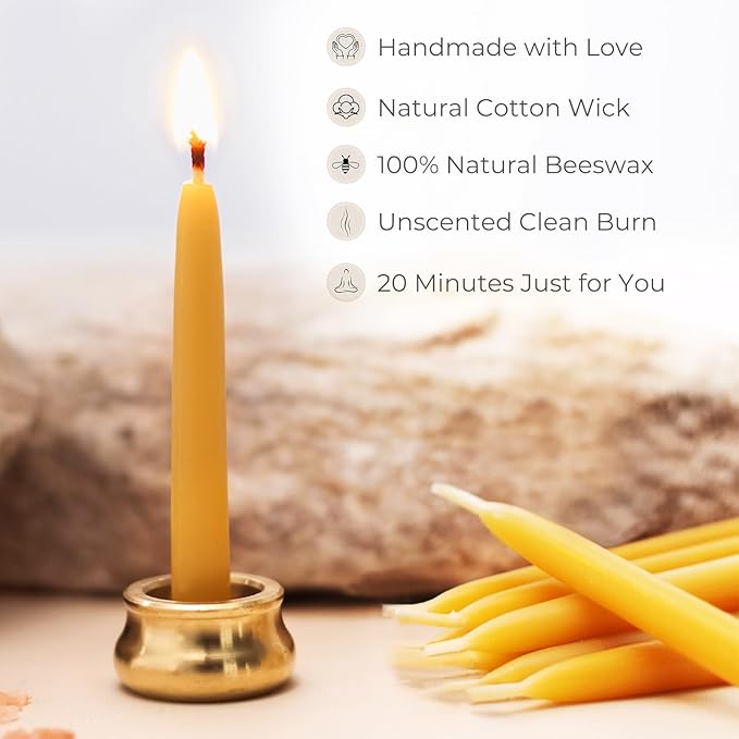 Mindful Meditation Candle Set with 12 Mini Taper Beeswax Candles with Brass Holder for Prayer & Reflection, Relaxation Gifts for Women Stress, Serenity Thinking of You Gift (3 Sets)
