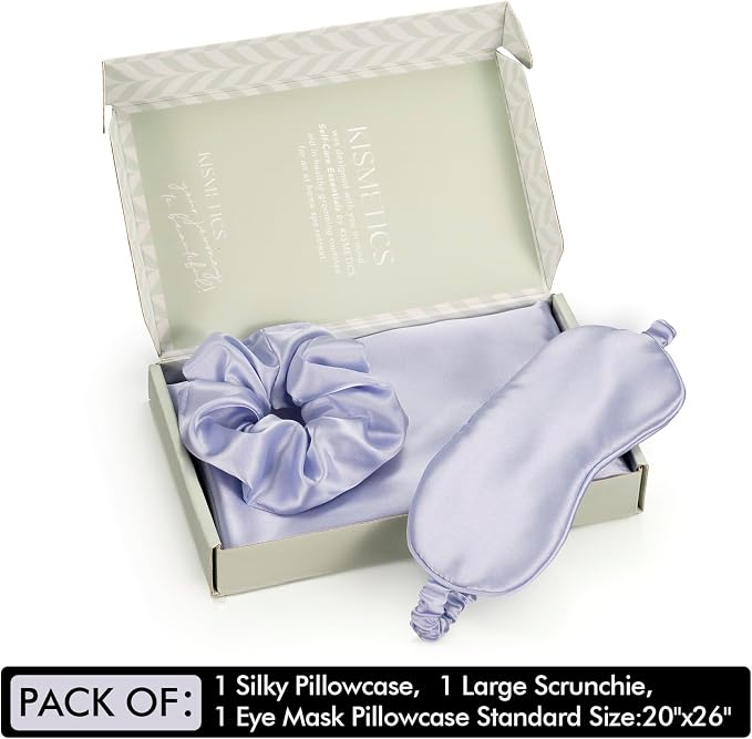 Vegan Silk Sleep Set – Satin Pillowcase, Eye Mask & Large Scrunchie for Hair and Skin – Frizz Free Beauty Sleep & Self Care Night Routine – Purple