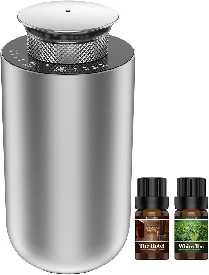 2026 Upgraded Rechargeable Waterless Car Scent Diffuser Kit, Includes 2 Premium Oils, Auto On/Off, 4 Mist Levels & Timers, Portable Aromatherapy Diffuser for Hotel,Home,Room,Studio,Office - Silver