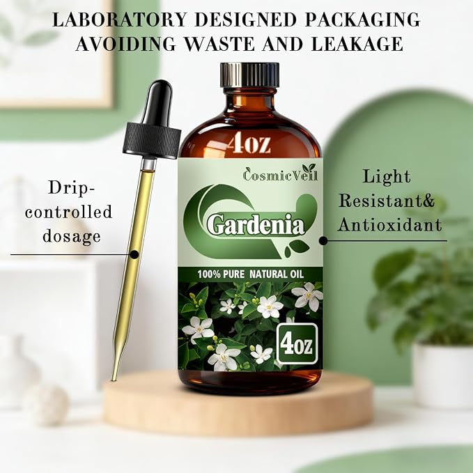 Gardenia Essential Oil Gardenia Oil for Aroma Diffuser,Humidifier,Home Fragrance,Cleaning,Body Care,Massage,Yoga,DIY Candle,DIY Soap CosmicVeil（Gardenia，4 Fl Oz (Pack of 1)）
