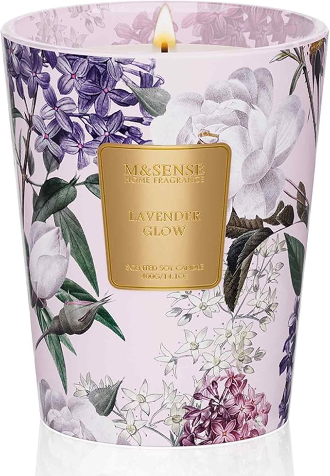 M&SENSE Lavender Glow Soy Candle, 14.1oz 60H Non Toxic Slow Burning, Calming Aromatherapy for Sleep, Spa & Meditation Gifts