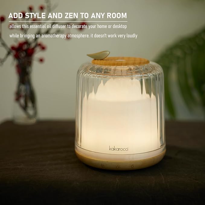 Essential Oil Diffusers, Glass and Real Wood Base Ultrasonic Aromatherapy Diffuser Aroma Defusers for Home Large Room 230ml with Bluetooth Speaker Music Player Colorful Led Light