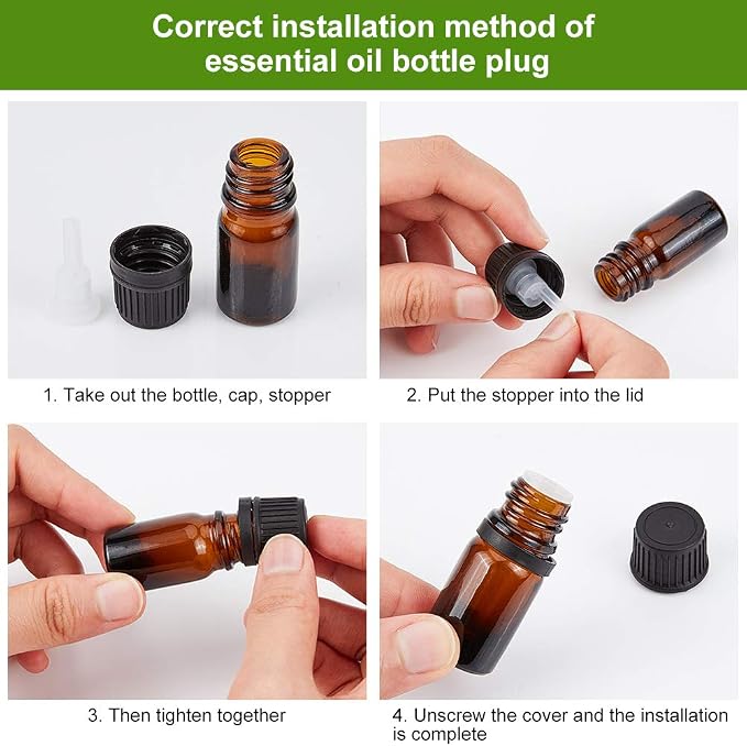 BENECREAT 24 Packs 5ml Brown Glass Essential Oil Bottles with Orifice Dropper Reducer, Plastic Droppers, Hoppers and Labels for Aromatherapy Fragrance Cosmetic Oils