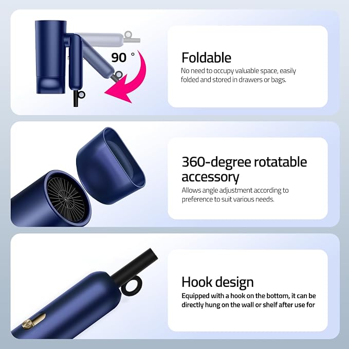 CONFU Diffuser Hair Dryer for Curly Hair,1500W Fast Drying Blow Dryer with Diffuser for Women,Compact & Portable Negative Ion Hairdryer,Mini and Foldable Blowdryer Design for Travel(Blue)