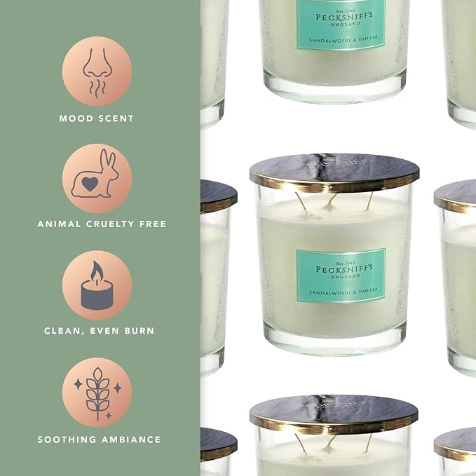 Pecksniff's Sandalwood & Vanilla 3-Wick Tall Candle | 550g/19.4oz | White Glass Vessel with Metal Lid