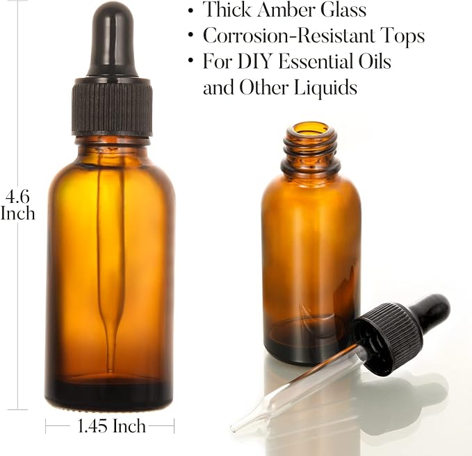 4 Pack, 2 oz Dropper Bottles with 2pcs Glass Pipettes(1ml) - Essential Oils Bottles for Health, Personal Care & Beauty - 60ml Thick Dark Amber Glass Tincture Bottle with Eye Droppers, Leakproof