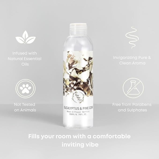 Reed Diffuser Refill, Eucalyptus Pine Cone Reed Diffuser Oil Natural Scented Essential Oil Refill Home Fragrance for Bathroom, Bedroom, Office Decor 200ml (6.76oz)