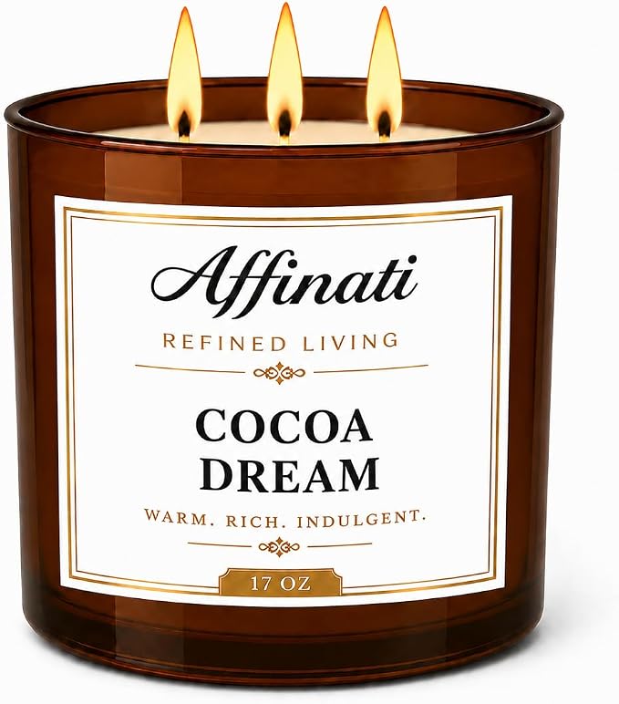 Affinati Cocoa Dream 3 Wick Scented Candle – Large Soy Blend Candle, Strong Scent Throw Rich Sweet Chocolate Paradise Tropical Vibe Candle, Premium Luxury Home Fragrance