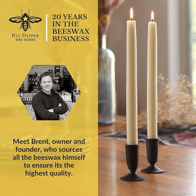 Big Dipper Wax Works Ivory White Hand-Dipped Beeswax Taper Candles – 12” x 7/8”, 2-Pack, 100% Pure Beeswax, Long Burning, Clean, Cotton Wick, Handmade in USA, Home Décor & Wedding Candles