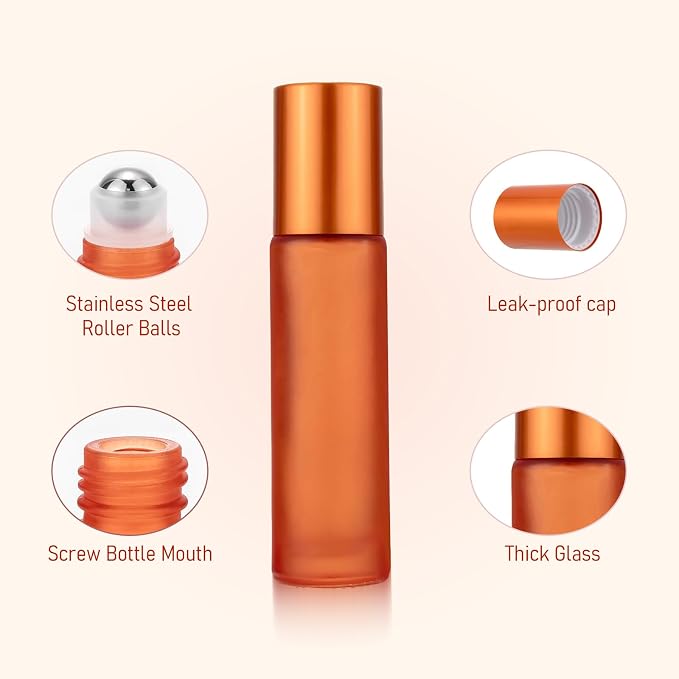 Kesell Glass Roll on Bottle, 10ml Refillable Essential Oil Roller Bottle with Stianless Steel Ball, Pack of 10 (Orange)