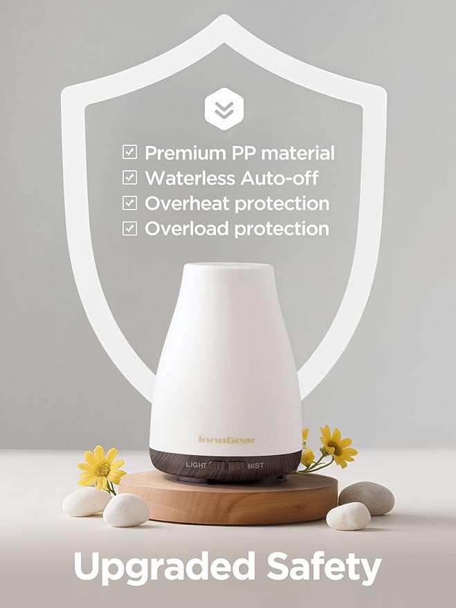 InnoGear Essential Oil Diffuser, Ultrasonic Diffusers for Home Aromatherapy Humidifier for Bedroom Room 7 Colors LED 2 Mist Mode Auto Off, Brown Base