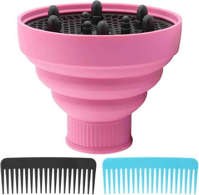 Universal Collapsible Hair Dryer Diffuser, Travel Hair Dryer Diffuser Attachment with Comb, Portable Hairs Diffusers Blow Dryers Attachment for Natural Thick Hairs(Pink)