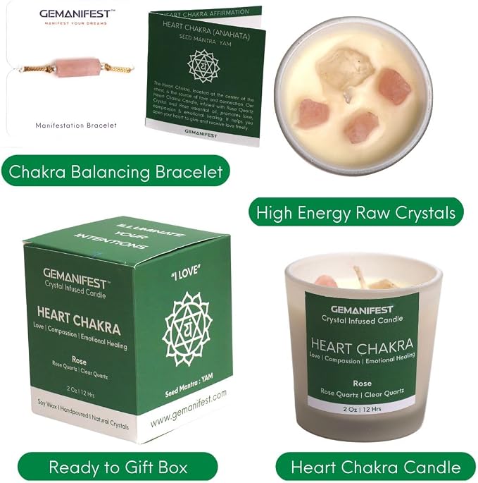 Heart Chakra Candle with Healing Crystals and Rose Quartz Bracelet Rose Scented Crystal Candle for Love Compassion and Emotional Healing Self Care Gifts for Women Meditation Gifts