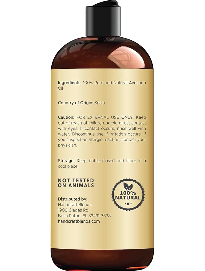 Handcraft Blends Avocado Oil - Cold-Pressed 16 Fl Oz - 100% Pure and Natural - Premium Grade Carrier Oil for Skin and Hair - Hair and Body - Massage - Hexane-Free