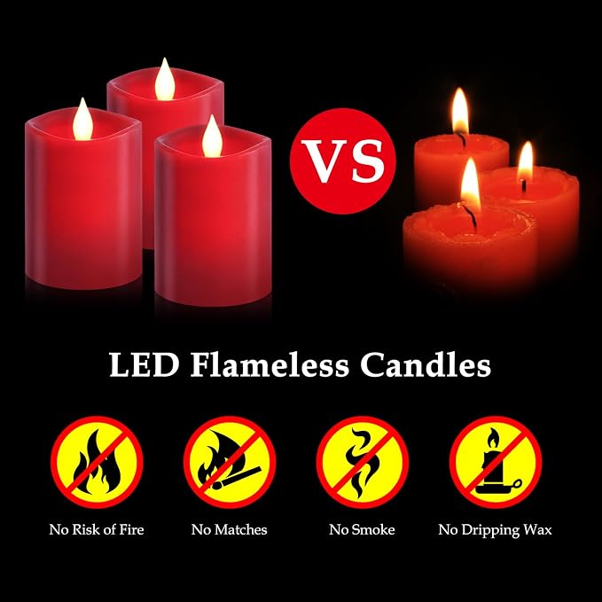 3-Pack 3x4 inch Flameless Candles: Realistic Flameless LED, Battery-Powered Pillar Candles with Remote & Timer, Fake Candles for Fall Decor, (Red, 3"*4"-3pcs)
