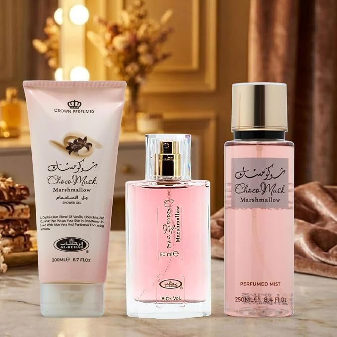 Al-Rehab Choco Musk Marshmallow 3-Piece Gift Set – Eau de Parfum 50ml + Shower Gel 200ml + Body Mist 250ml – Sweet Strawberry & Marshmallow Unisex Collection