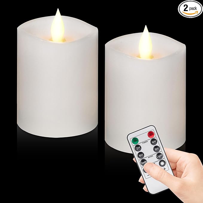 3"x4" Flickering Flameless Battery Candles with Timer, White Realistic LED Pillar Candles, Set of 2 Large Remote-Operated Candles for Home Indoor/Outdoor & Holiday Decor