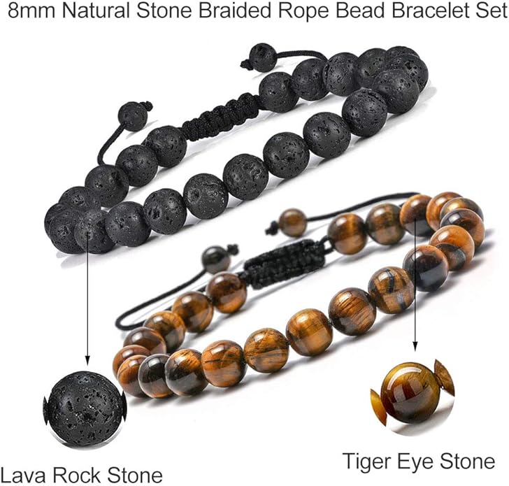 M MOOHAM Mens Bracelet - Beaded Natural Stone 8mm Tiger Eye Matte Agate Lava Rock Bracelets for Men Teen Boys Grandpa Dad Birthday Gifts Jewelry